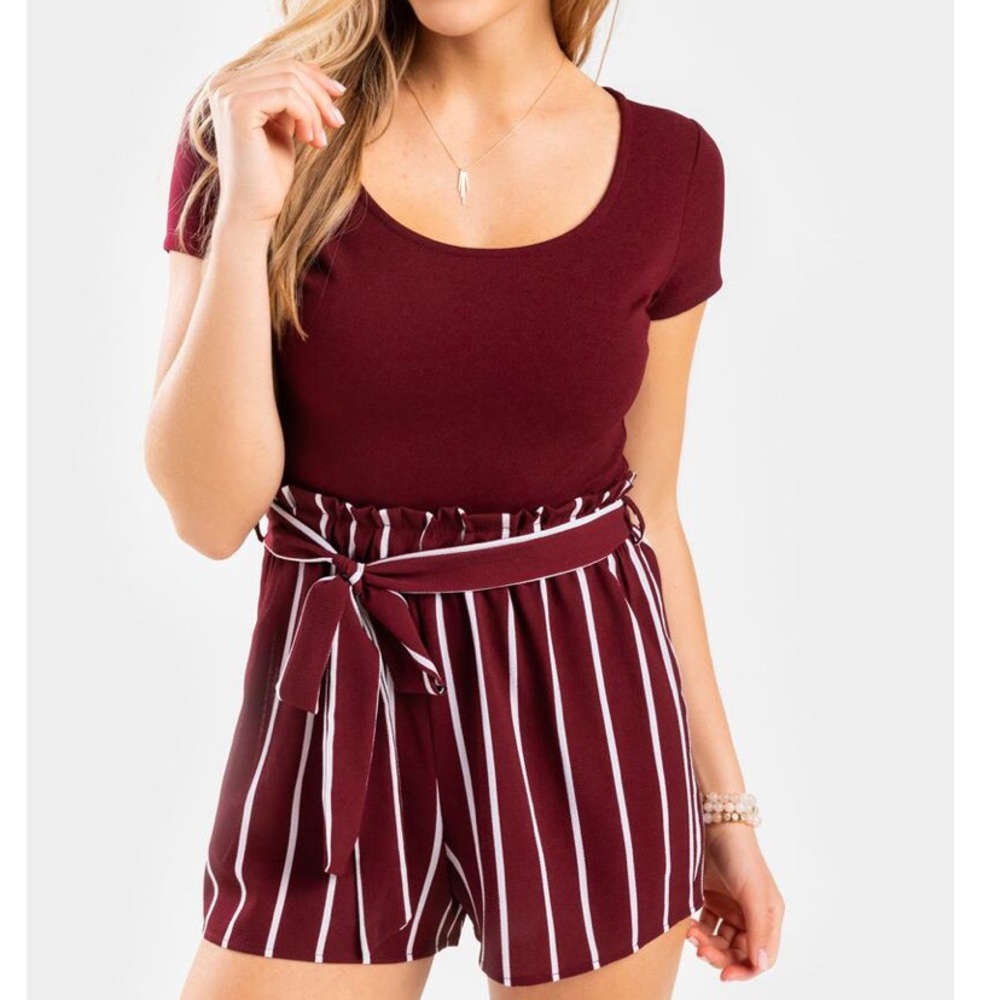 Maroon Striped Front Tie Romper